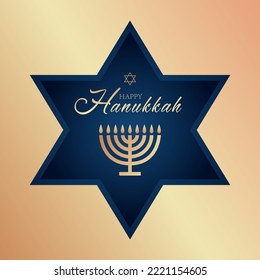 Luxury card with golden text Happy Hanukkah, chandelier and star of David on the blue background with golden frame for Hanukkah Jewish holiday. Celebration banner, wallpaper or poster.