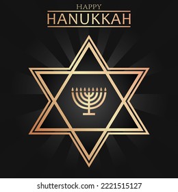 Luxury card with golden text Happy Hanukkah, chandelier and star of David on the black background for Hanukkah Jewish holiday. Celebration banner, wallpaper or poster.