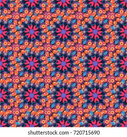 Luxury card or invitation with oriental seamless pattern in Indian, Arabic, Islamic, Turkish style, with circular floral ornament in blue, orange and pink colors. Vector illustration.