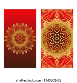 Luxury Card With Patterns Of The Mandala. Floral Ornaments. Islam, Arabic, Indian, Ottoman Motifs. Template For Flyer Or Invitation Card Design. Vector Illustration. Sunrise gold color.