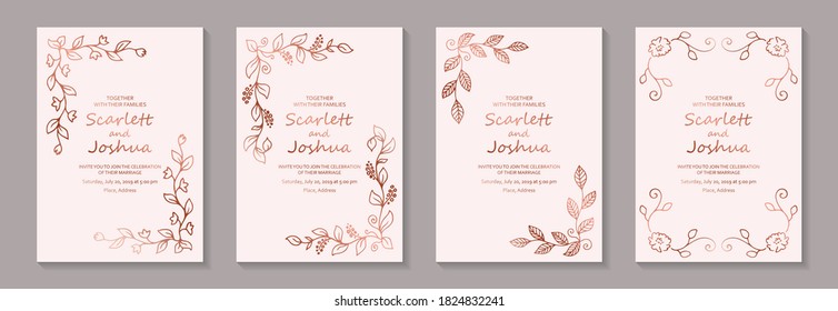 Luxury card templates for wedding or greeting with rose golden floral frames on a pink background.