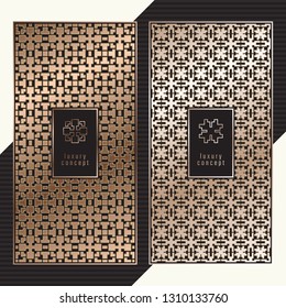 Luxury cards Art Deco style. Vector menu concept. Premium packaging design with logo. Copper gradient on black vouchers.