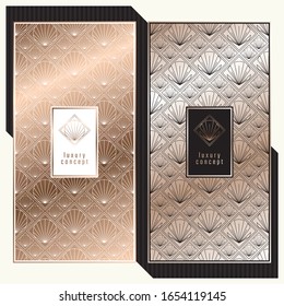 Luxury cards Art Deco style. Vector menu concept. Premium perfume packaging design with logo. Copper gradient, black and white vouchers.