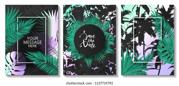 Luxury cards collection with frames and tropical leaves.Vector trendy background. Modern set of abstract card, template,posters,invitational.