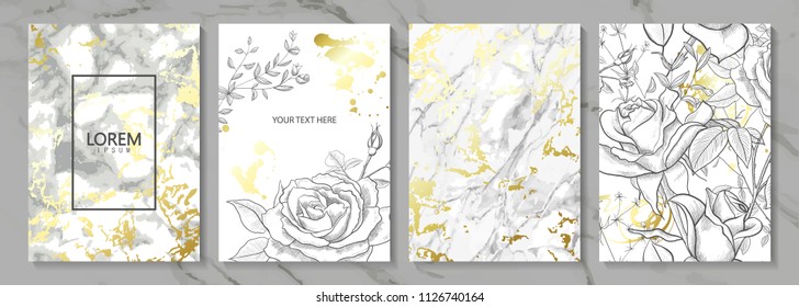 Luxury cards collection with marble golden texture and hand-drawn flowers.Vector trendy background. Modern set of abstract card, template,posters,invitational