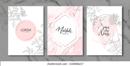 Luxury cards collection with marble texture and hand-drawn plants.Vector trendy background. Modern set of abstract card, template,posters,invitation