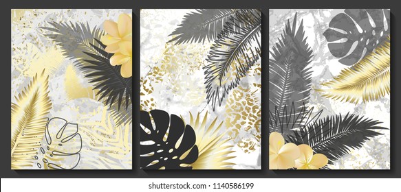 Luxury cards collection with marble texture and tropical leaves .Vector trendy background. Modern set of abstract card, template,posters,invitational.