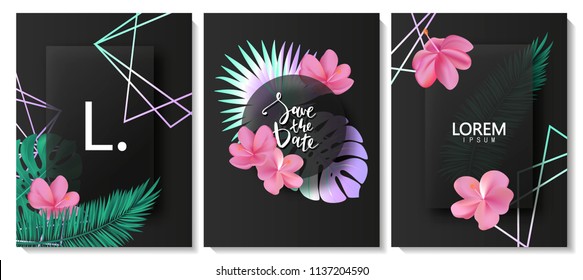 Luxury cards collection with marble texture,tropical leaves,flowers and geometric shape.Vector trendy background. Modern set of abstract card, template,posters,invitational