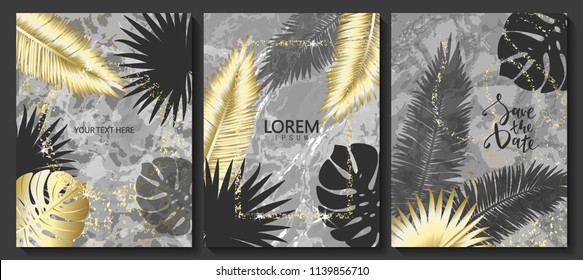Luxury cards collection with marble texture,tropical leaves and shiny frame.Vector trendy background. Modern set of abstract card, template,posters,invitational.