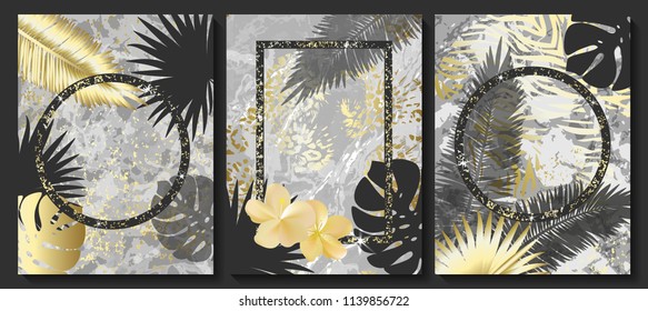 Luxury cards collection with marble texture,tropical leaves and shiny frame.Vector trendy background. Modern set of abstract card, template,posters,invitational.