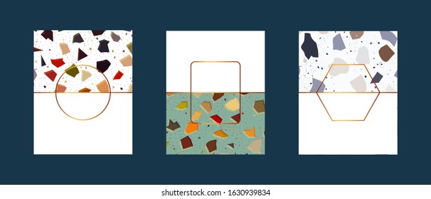 Luxury cards with terrazzo trendy granite fragments creative backdrop pattern. Chaotic stone pieces on white background. Modern marble textile, tile design vector illustration.