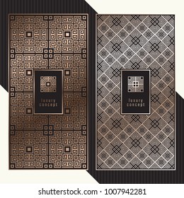 Luxury cards. Vector menu concept with meander pattern. Premium packaging design with greek logo.