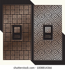 Luxury cards. Vector menu concept with meander pattern. Premium packaging design with greek logo.
