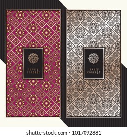 Luxury cards. Vector menu concept with floral pattern. Premium packaging design with golden logo.
