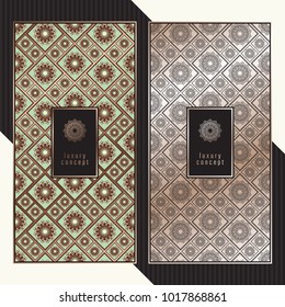 Luxury cards. Vector menu concept with floral pattern. Premium packaging design with golden logo.