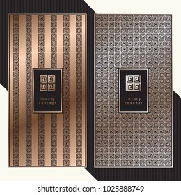 Luxury cards. Vector menu concept with meander pattern. Premium packaging design with greek logo.