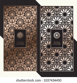 Luxury cards. Vector menu concept with floral pattern. Premium packaging design with golden logo.
