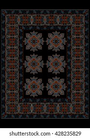 Luxury carpet in dark shades with gray ethnic ornament on the border and the middle