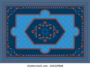 Luxury  carpet with ethnic oriental ornament in terracotta and blue shades