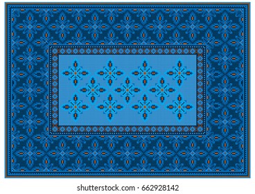 Luxury carpet with ethnic oriental ornament in blue shades and orange shades

