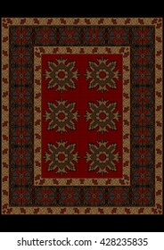 Luxury carpet with ethnic ornament on red mid and flowers on yellow border

