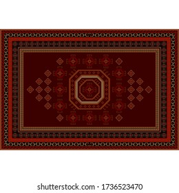 Luxury carpet with vintage ornaments in maroon tones with red, dirty yellow and black patterns on the edges and in the center on a white background