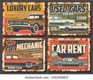 Luxury cars rent, salon of used vehicles, repair services. Vector vintage automobile shop, spare parts, oil change, gas petrol. Rent with driver, grunge retro cars of old autos, mechanic maintenance