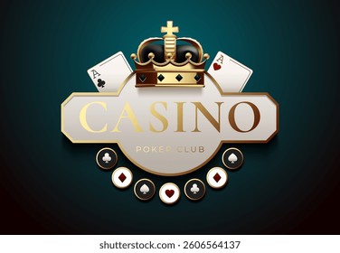 Luxury casino emblem with golden crown, poker chips, and playing cards. Elegant gambling logo design on dark background. For poker club branding, casino advertising, and premium gambling promotions