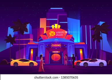 Luxury casino entrance in tropical resort city cartoon vector. Man in business suit, women in evening dresses arriving to brightly illuminated night, gambling club on expensive sport cars illustration