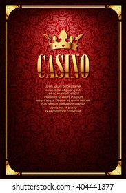 Luxury Casino Gambling Background with Golden Crown. Vector border with crown on red luxury background. Flyer illustration. 