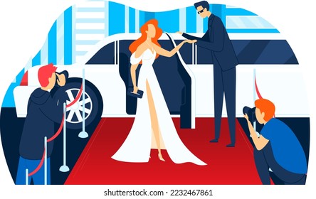 Personajes famosos de lujo cerca de limusina, estrella vip salen del auto a alfombra de ted, ilustración vectorial. Evento de Hollywood con personaje famoso de mujer