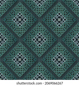 Luxury celtic seamless pattern. Ornamental rhombus background. Repeat textured background. Celtic gothic style golden Deco ornament. Beautiful ornate line art waffle design. Endless grunge texture.