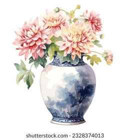 Luxury ceramic vase with flower arrangement in watercolor illustration