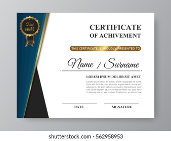 Luxury certificate of achivement with golden award. Trendy gold and blue business template or modern diploma blank with pattern. Blue elegant award. Vector illustration, eps10.