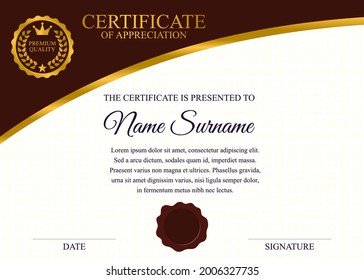 Luxury Certificate of Appreciation Template Design with Golden Crown Badge, Wax Seal, and Vintage Background.