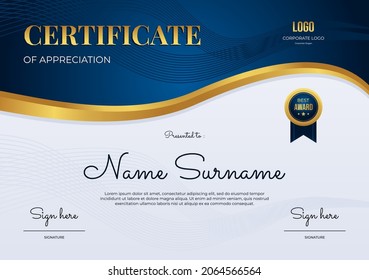 Plantilla de apreciación de certificado de lujo sobre fondo de color azul, blanco y dorado, borde de oro de certificado multipropósito con diseño de placa