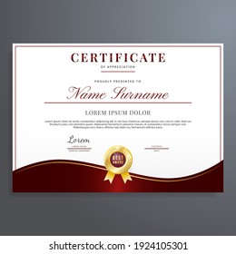 Luxury certificate of appreciation template with red and gold color, multipurpose certificate border with badge design