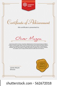 Luxury certificate design with ribbon badge and golden seal. Eps10 vector template.