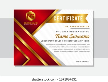 Luxury certificate or diploma template. Combination red and gold gradient colors with white background. Triangle element designs. 