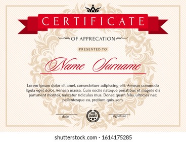 Luxury certificate in Royal, vintage style. Diploma template currency border with floral round ornate frame. Award Fund gift certificate. Vector illustration