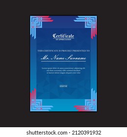 luxury certificate template design, modern with an elegant mix of sky blue and pink colors along with a classic polygon texture behind it. the design looks elegant. suitable for companies