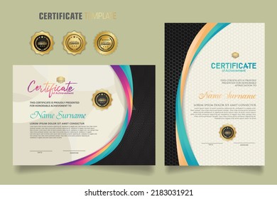 Luxury certificate template with dynamic and attractive colors on curved line shape ornament modern pattern, diploma. Vector illustrations.