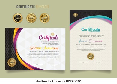 Luxury certificate template with dynamic and attractive colors on curved line shape ornament modern pattern, diploma. Vector illustrations.