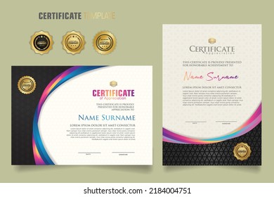 Luxury certificate template with dynamic and attractive colors on curved line shape ornament modern pattern, diploma. Vector illustrations.