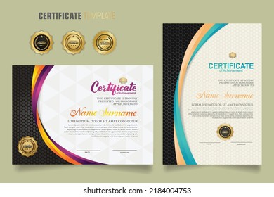 Luxury certificate template with dynamic and attractive colors on curved line shape ornament modern pattern, diploma. Vector illustrations.