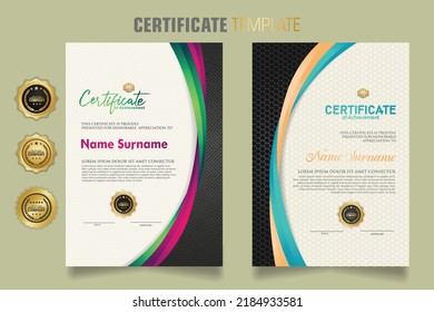 Luxury certificate template with dynamic and attractive colors on curved line shape ornament modern pattern, diploma. Vector illustrations.