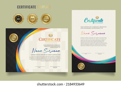 Luxury certificate template with dynamic and attractive colors on curved line shape ornament modern pattern, diploma. Vector illustrations.