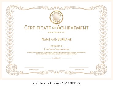 Luxury Certificate Template With Elegant Border Frame, Diploma Design For Graduation Or Completion