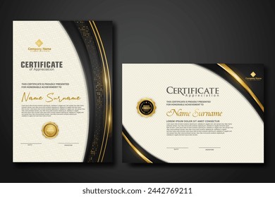 Luxury certificate template with glitter effect dan lines gold shine on frame background,diploma,Vector illustration and vector Luxury premium badges design.