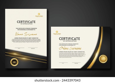 Luxury certificate template with glitter effect dan lines gold shine on frame background,diploma,Vector illustration and vector Luxury premium badges design.